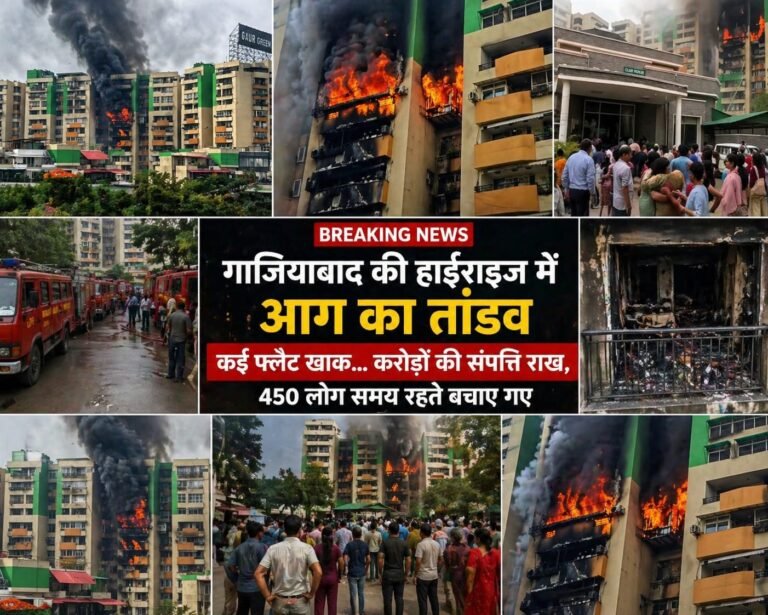 गाजियाबाद की हाईराइज में आग का तांडव: कई फ्लैट खाक… करोड़ों की संपत्ति राख, 450 लोग समय रहते बचाए गए