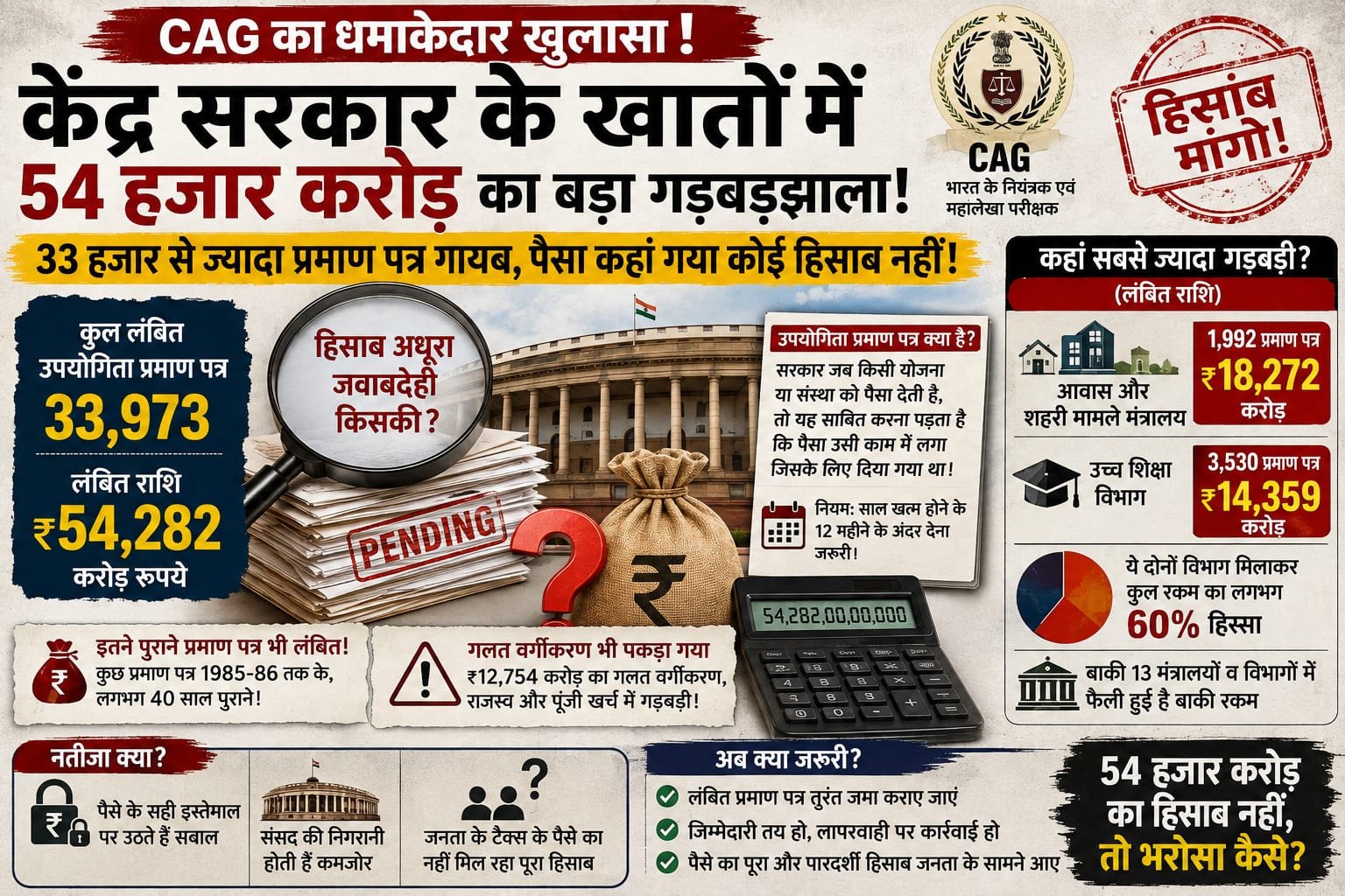 54 हजार करोड़ का हिसाब कहां है? CAG ने खोली सरकारी खातों की पोल